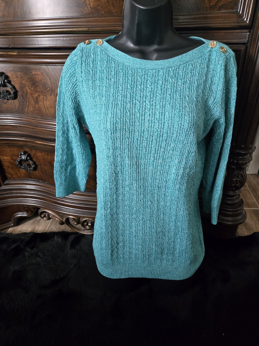 Karen Scott Sweater S Teal Cotton Button Shoulder 3/4 Sleeve Cable Knit